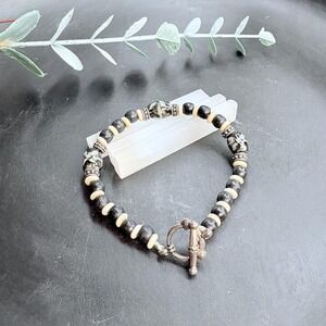 Black & Cream Beaded Bracelet | Glass + Wood | Silver Tone Toggle Clasp | Boho